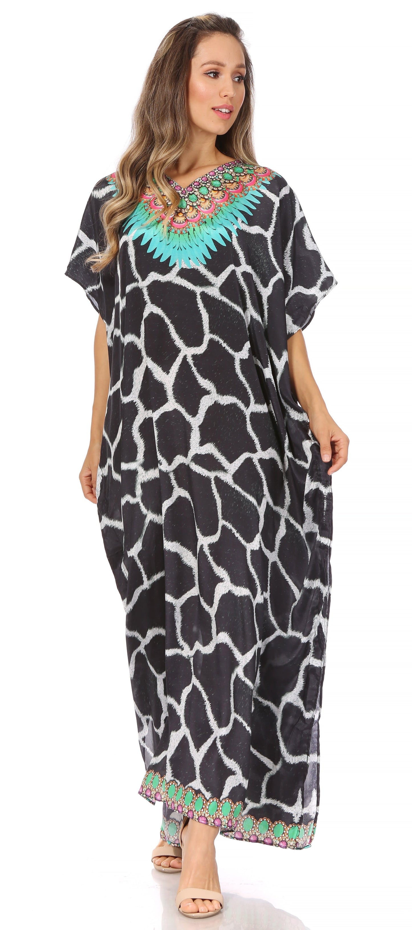 Sakkas Vicky Women's Casual Long Print Short Sleeve Petite Beach Maxi Caftan Dress - Buy One Get One Free