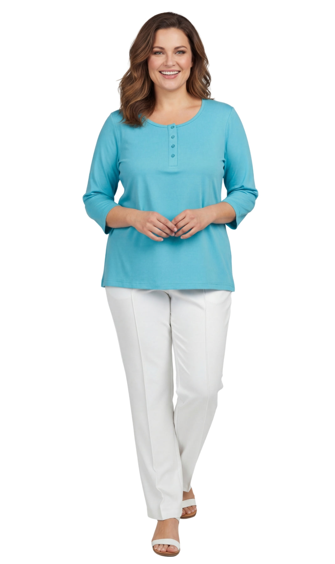 Women's 3/4 Sleeve Henley Top — Cotton Blend with Button Placket