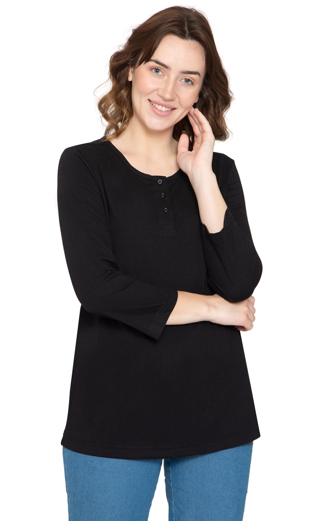 Women's 3/4 Sleeve Henley Top — Cotton Blend with Button Placket