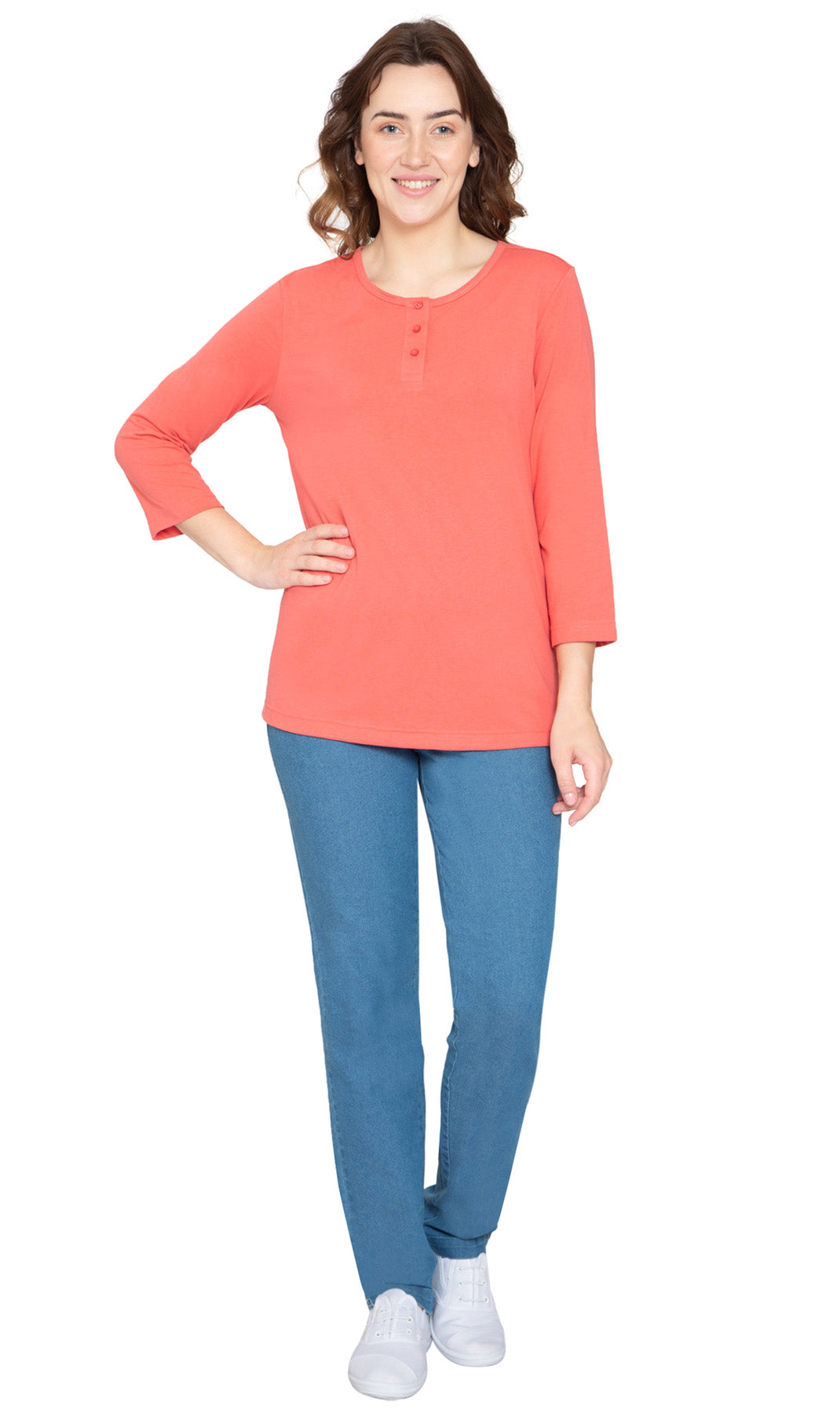 Women's 3/4 Sleeve Henley Top — Cotton Blend with Button Placket