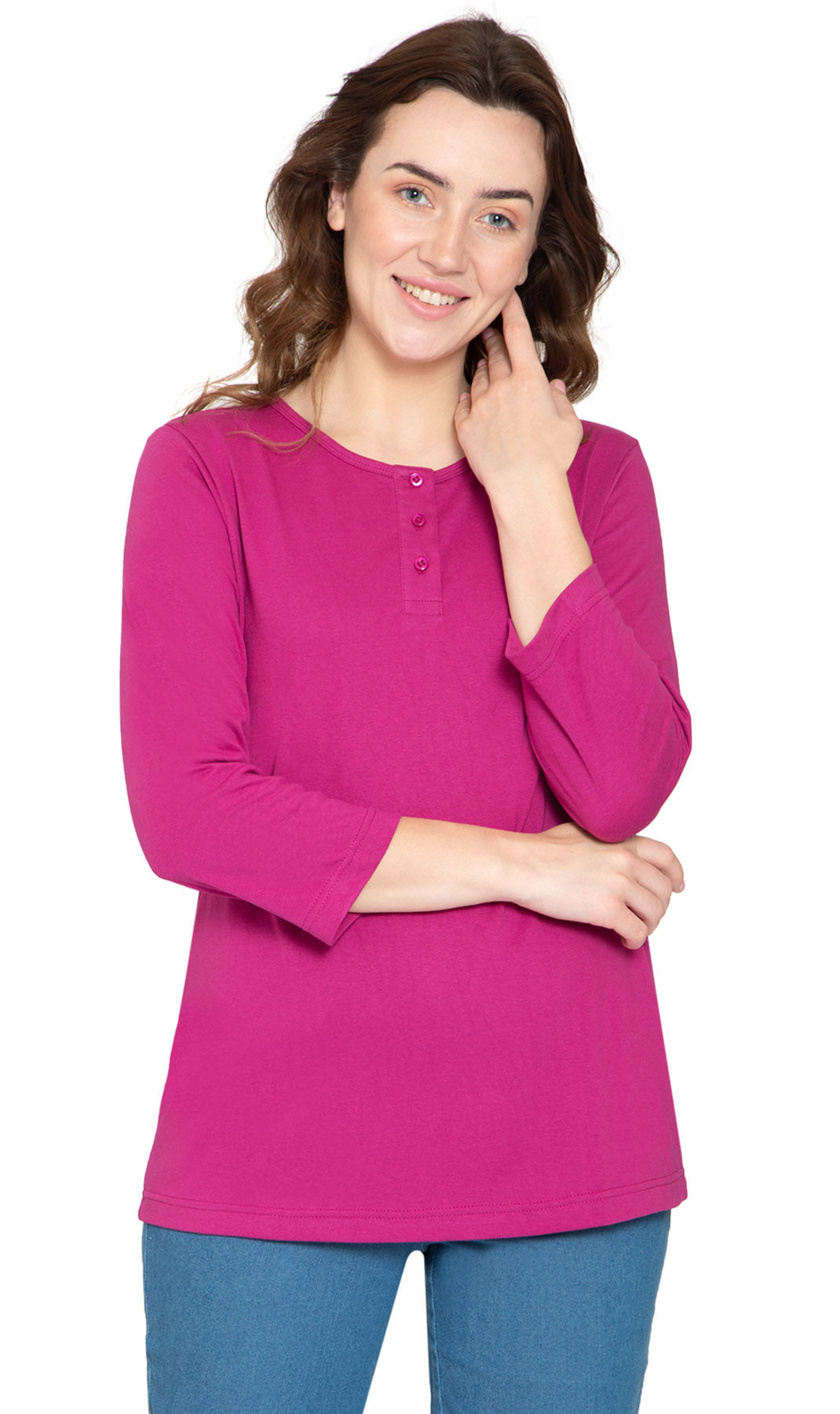Women's 3/4 Sleeve Henley Top — Cotton Blend with Button Placket