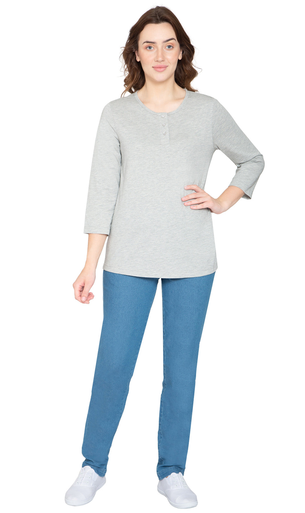 Women's 3/4 Sleeve Henley Top — Cotton Blend with Button Placket