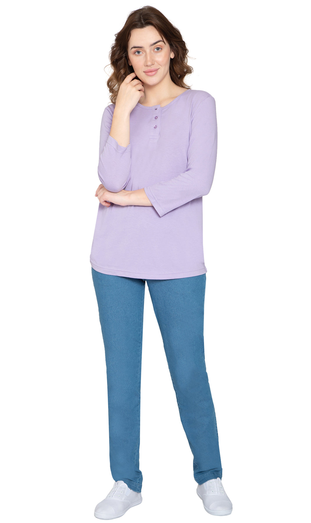 Women's 3/4 Sleeve Henley Top — Cotton Blend with Button Placket