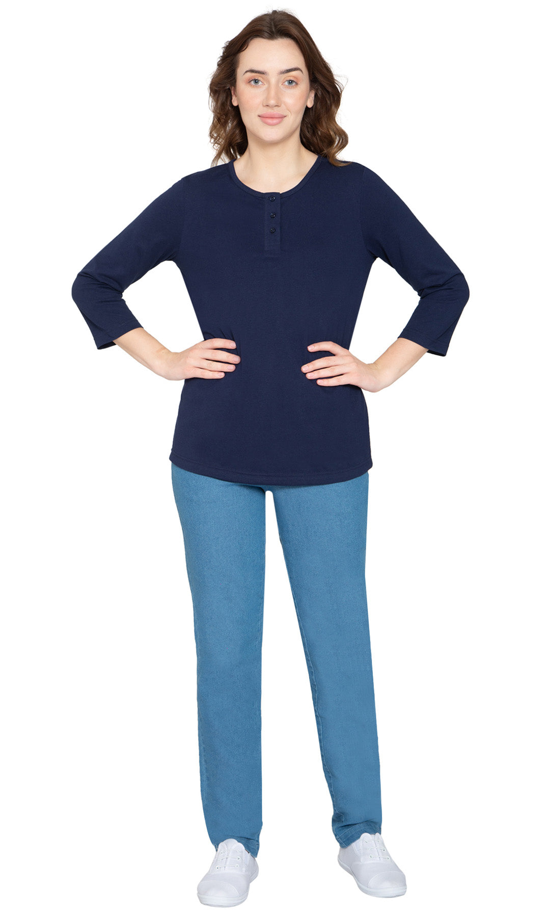 Women's 3/4 Sleeve Henley Top — Cotton Blend with Button Placket