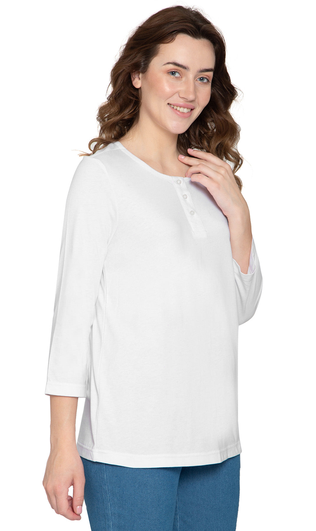 Women's 3/4 Sleeve Henley Top — Cotton Blend with Button Placket