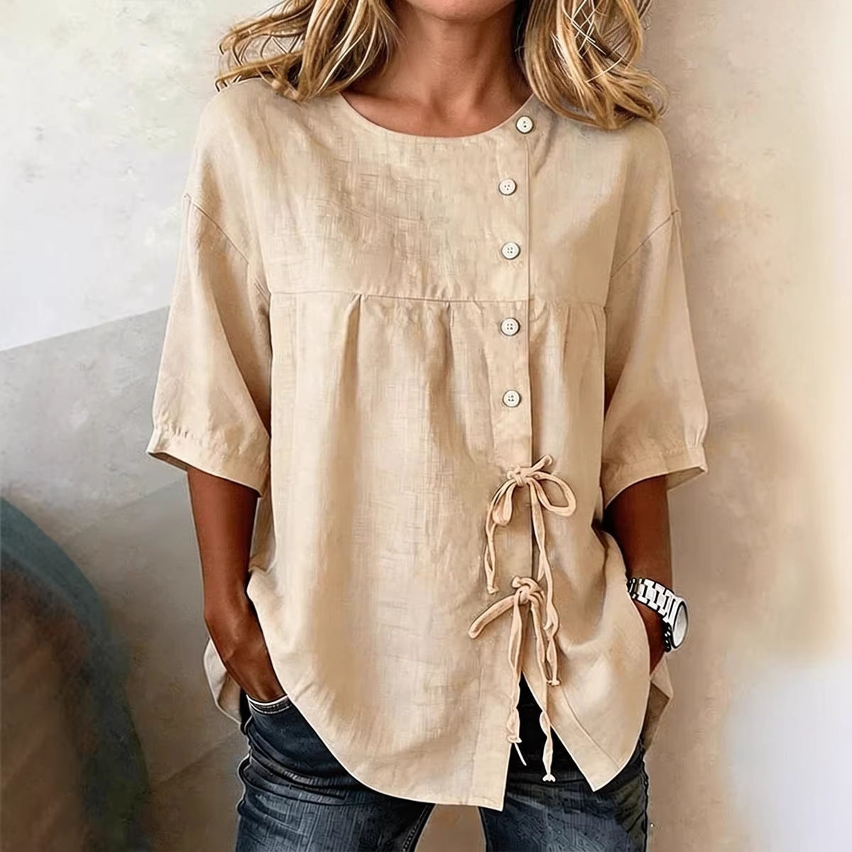 Women's Linen Lace-Up Button Shirt – 3/4 Sleeve Asymmetric