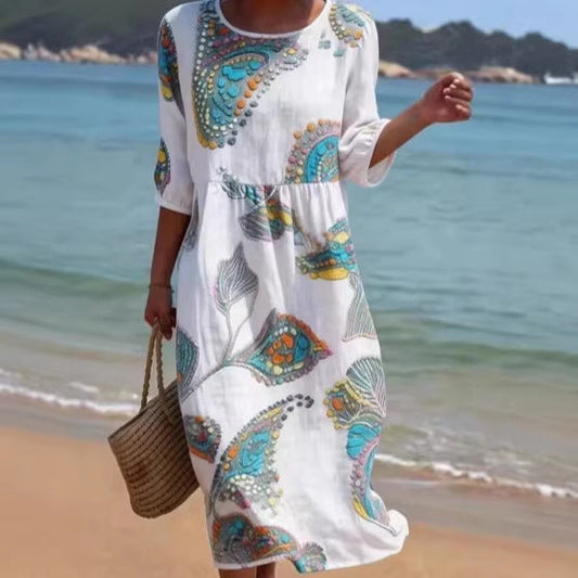 Women's 3D Floral Print Long-Sleeve A-Line Dress – Crew Neck Loose Fit