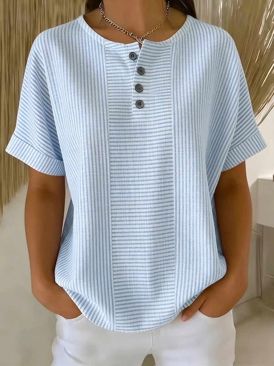 Women's Cotton Linen Striped T-Shirt – V-Neck, Button Detail, Loose Fit