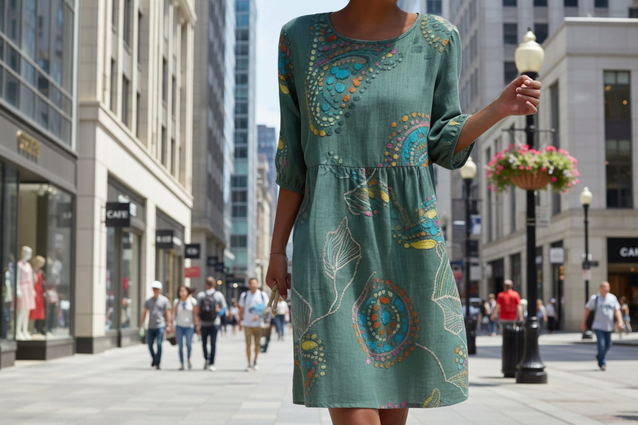 Women's 3D Floral Print Long-Sleeve A-Line Dress – Crew Neck Loose Fit