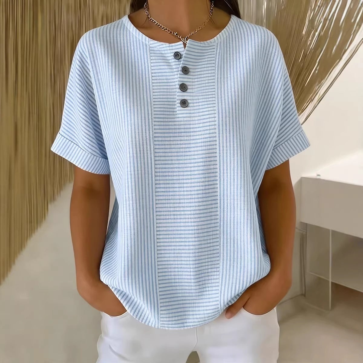 Women's Cotton Linen Striped T-Shirt – V-Neck, Button Detail, Loose Fit