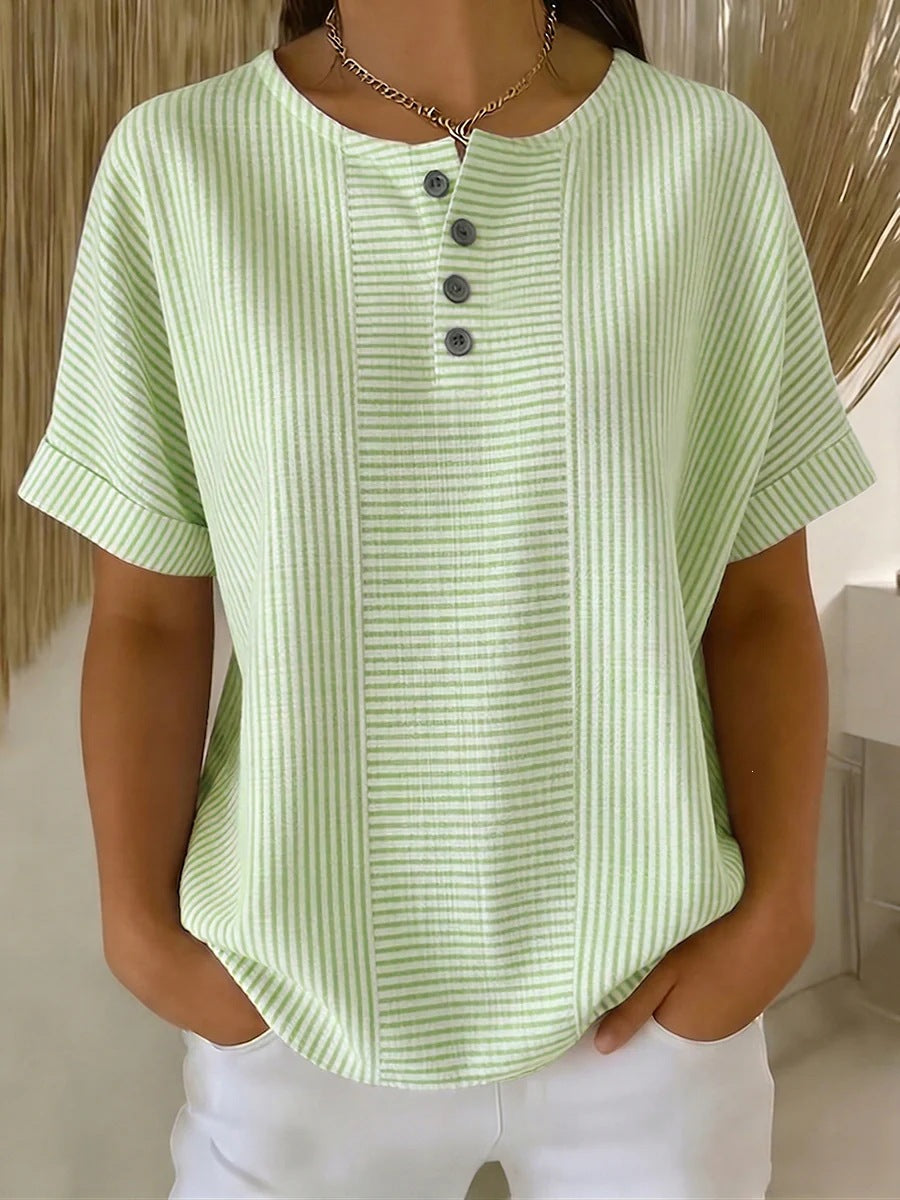 Women's Cotton Linen Striped T-Shirt – V-Neck, Button Detail, Loose Fit