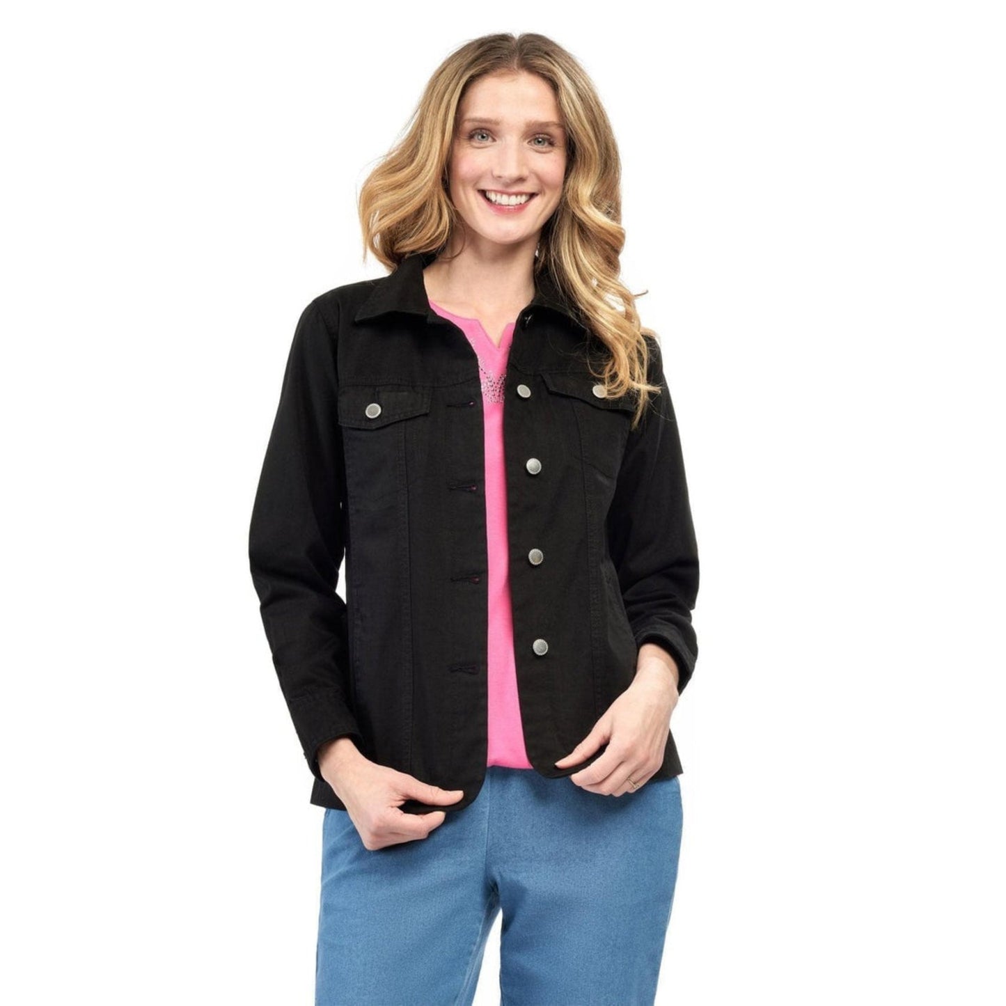 Women's Button Front Brushed Twill Jacket with Collar and Patch Pockets