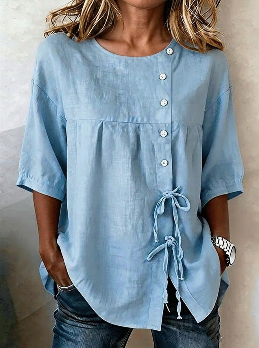 Women's Linen Lace-Up Button Shirt – 3/4 Sleeve Asymmetric