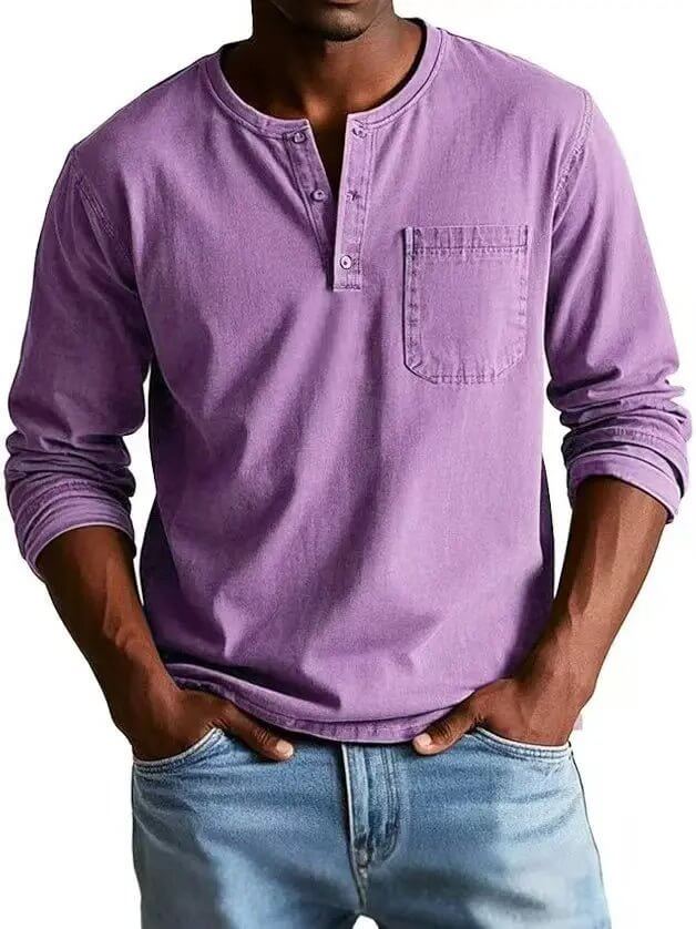 Men's V-Neck Long Sleeve Pullover – Button Design Top