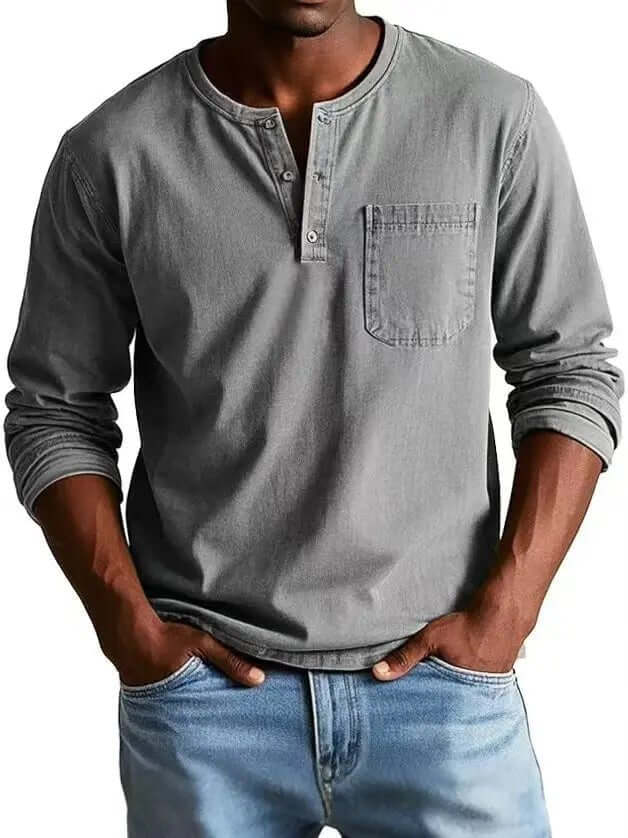 Men's V-Neck Long Sleeve Pullover – Button Design Top