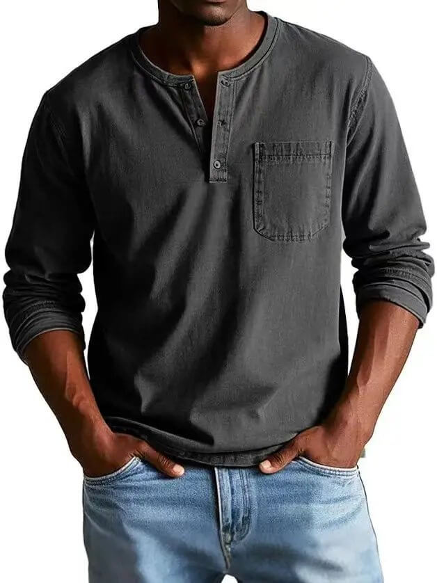 Men's V-Neck Long Sleeve Pullover – Button Design Top