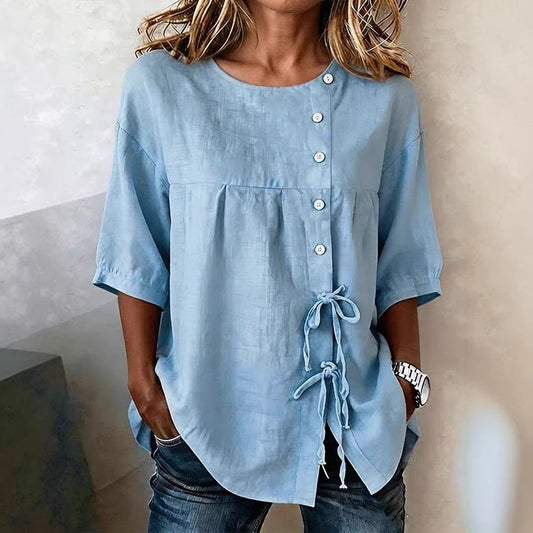 Women's Linen Lace-Up Button Shirt – 3/4 Sleeve Asymmetric
