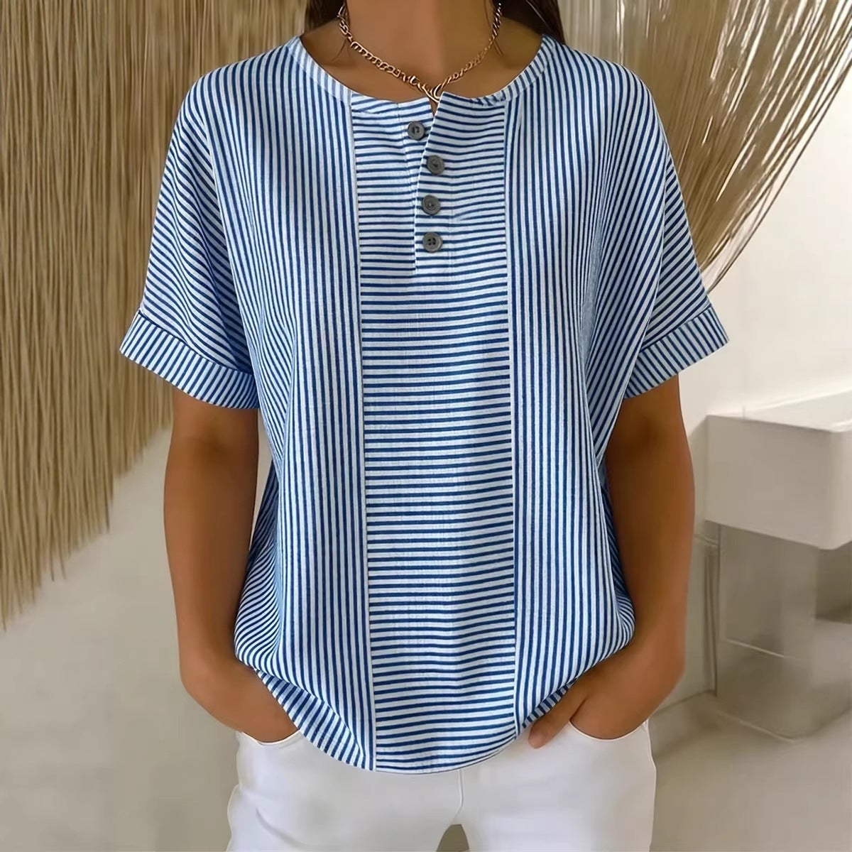 Women's Cotton Linen Striped T-Shirt – V-Neck, Button Detail, Loose Fit