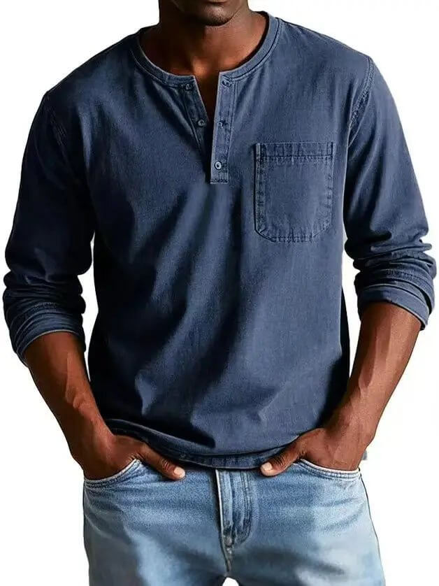 Men's V-Neck Long Sleeve Pullover – Button Design Top