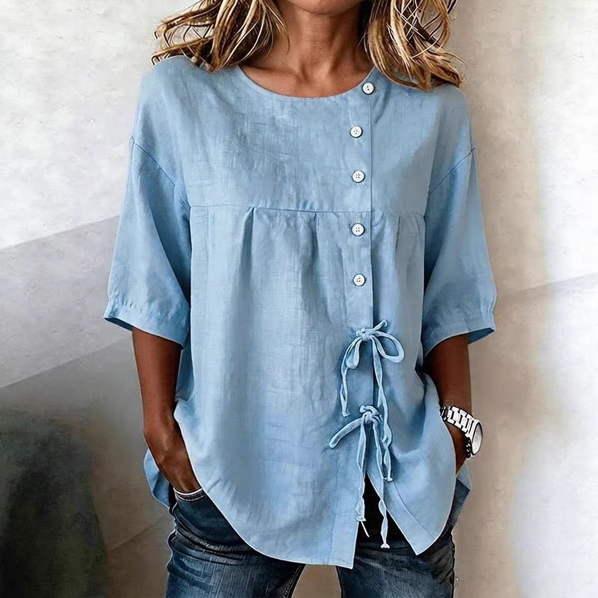 Women's Linen Lace-Up Button Shirt – 3/4 Sleeve Asymmetric