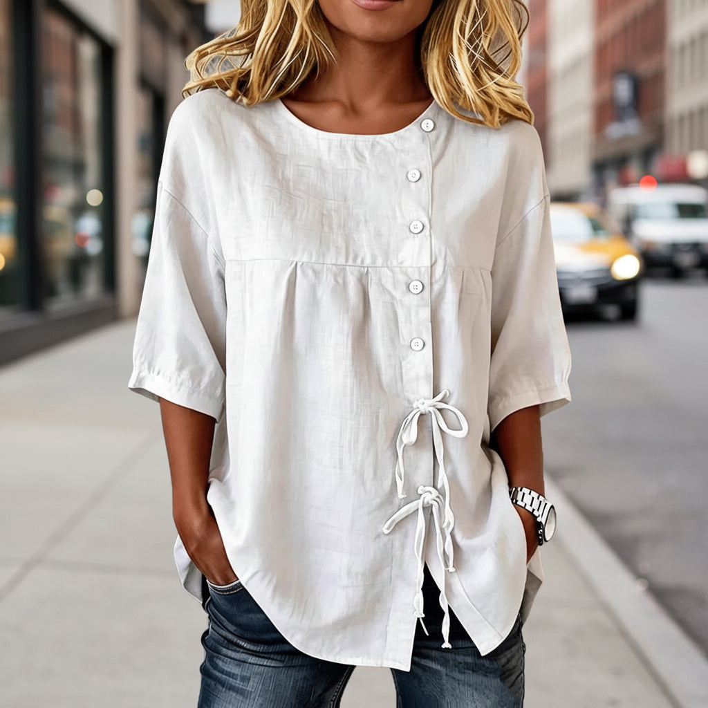 Women's Linen Lace-Up Button Shirt – 3/4 Sleeve Asymmetric