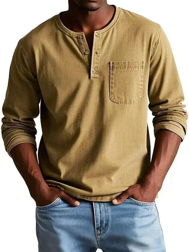 Men's V-Neck Long Sleeve Pullover – Button Design Top