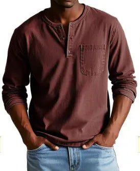 Men's V-Neck Long Sleeve Pullover – Button Design Top