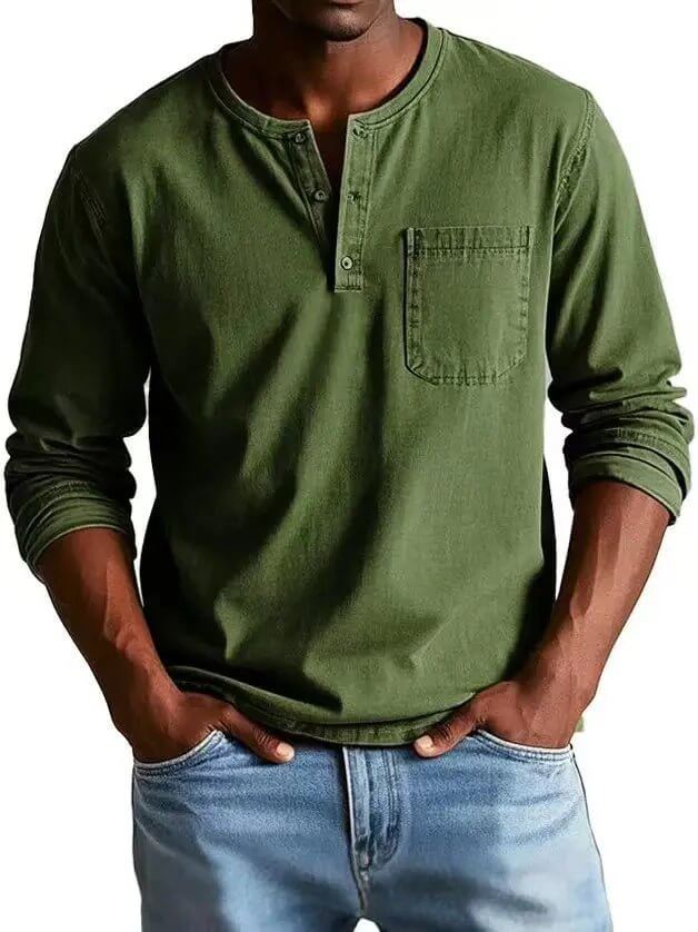 Men's V-Neck Long Sleeve Pullover – Button Design Top