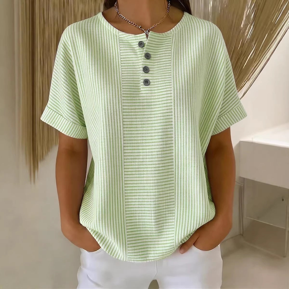Women's Cotton Linen Striped T-Shirt – V-Neck, Button Detail, Loose Fit