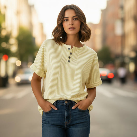 Women's Cotton Linen Striped T-Shirt – V-Neck, Button Detail, Loose Fit