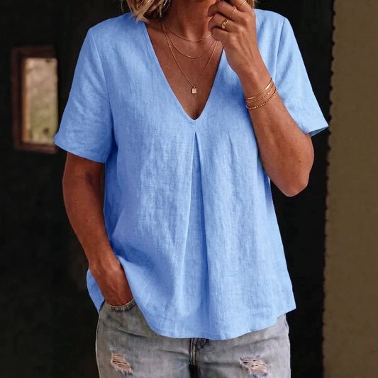 Women's Pleated Cotton-Linen Short-Sleeve Shirt – 5 Colors S–XXL
