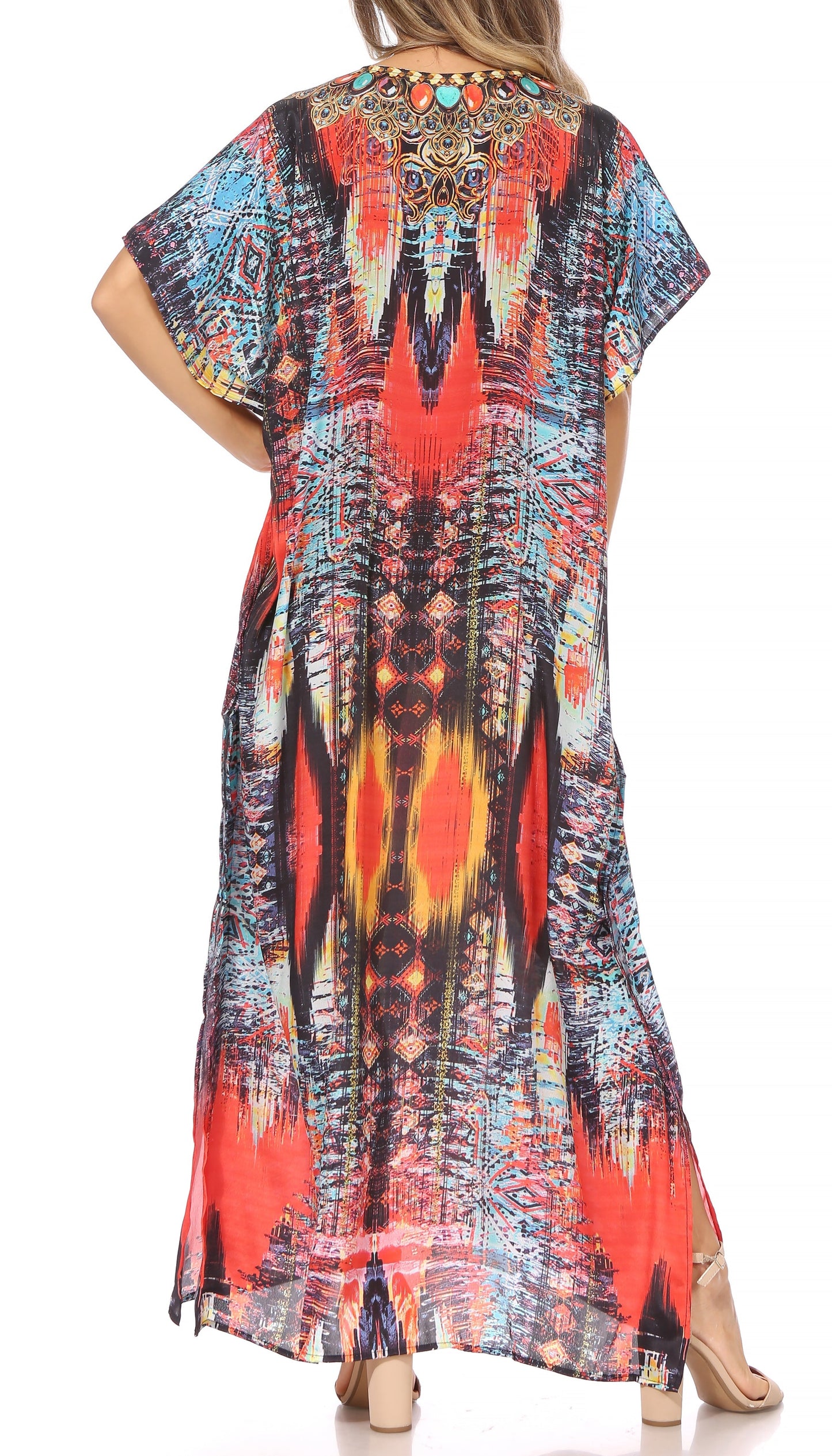 Sakkas Vicky Women's Casual Long Print Short Sleeve Petite Beach Maxi Caftan Dress - Buy One Get One Free