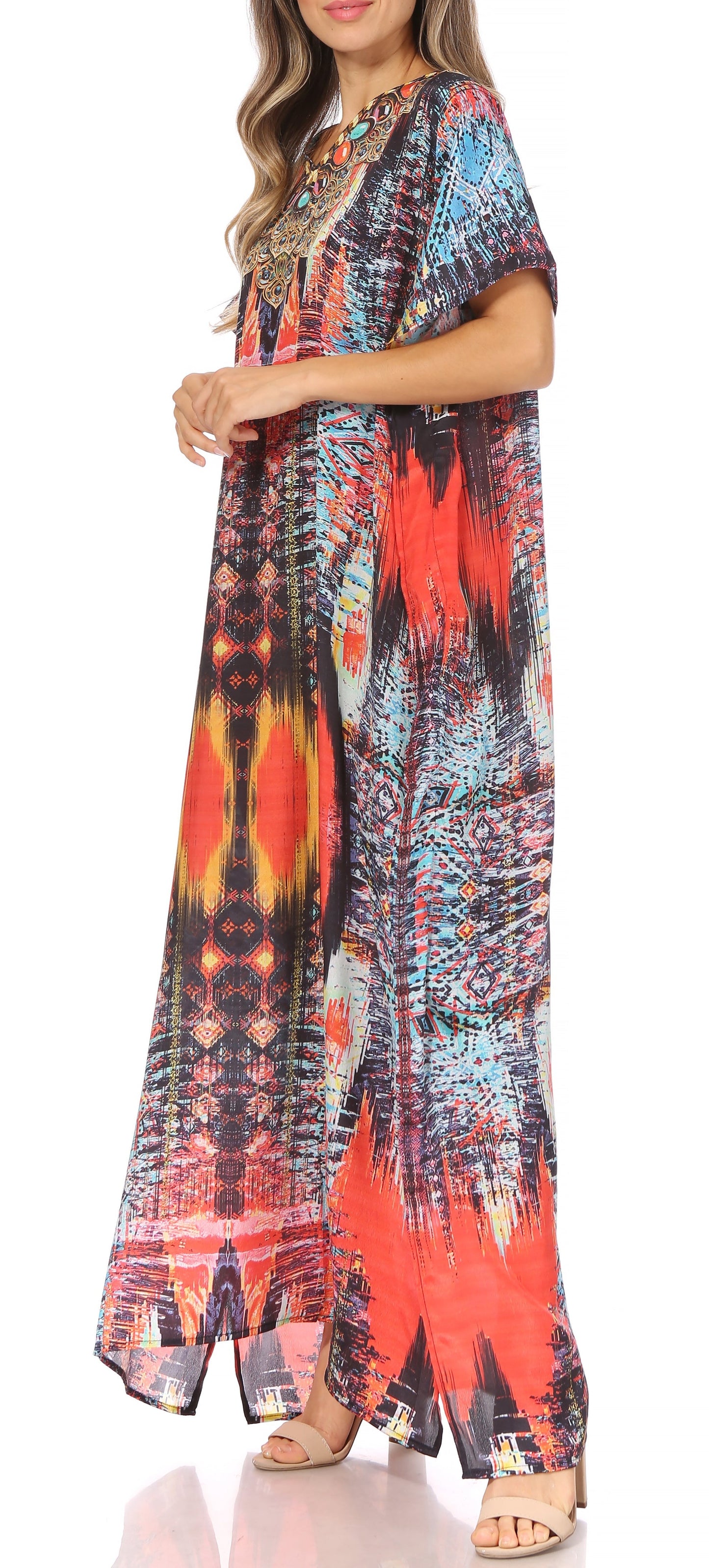 Sakkas Vicky Women's Casual Long Print Short Sleeve Petite Beach Maxi Caftan Dress - Buy One Get One Free