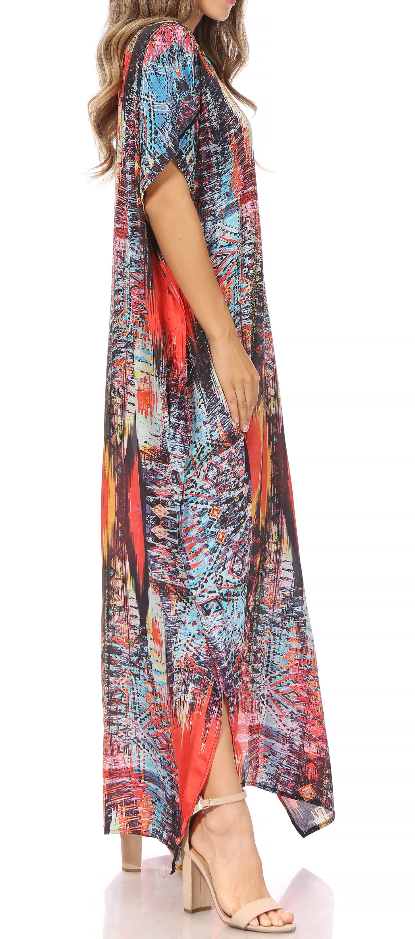 Sakkas Vicky Women's Casual Long Print Short Sleeve Petite Beach Maxi Caftan Dress - Buy One Get One Free
