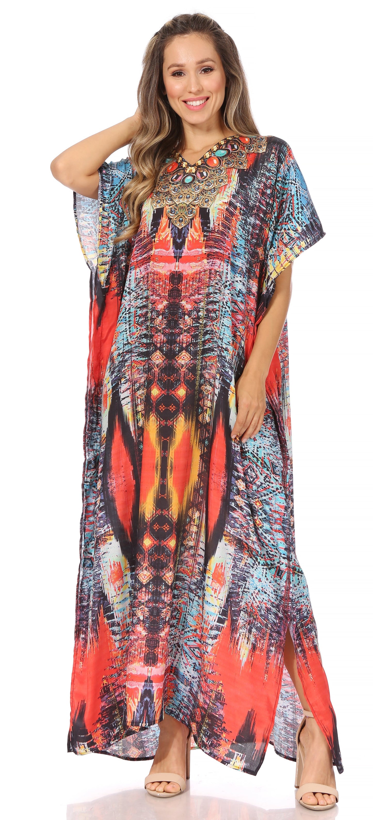 Sakkas Vicky Women's Casual Long Print Short Sleeve Petite Beach Maxi Caftan Dress - Buy One Get One Free