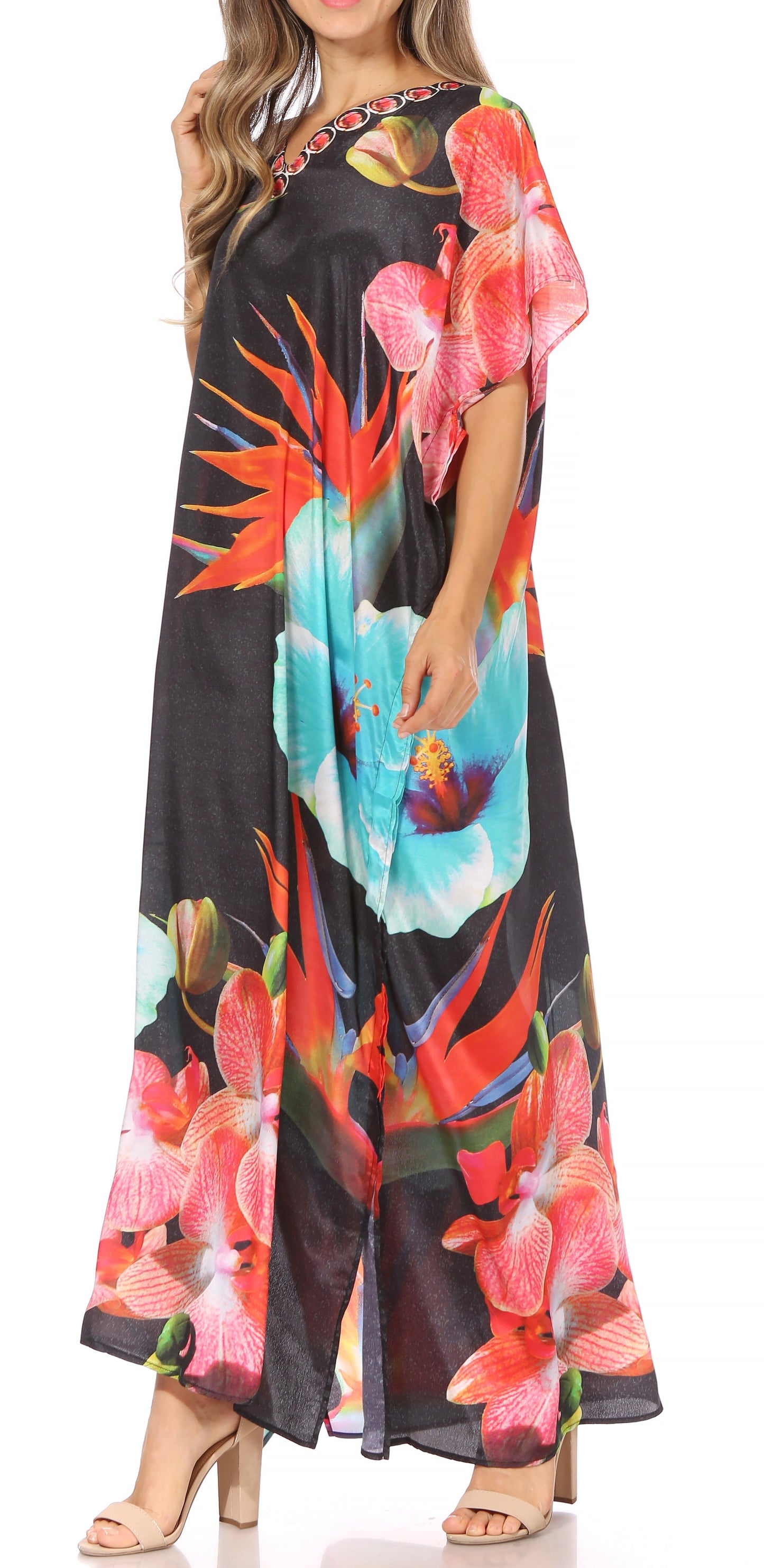 Sakkas Vicky Women's Casual Long Print Short Sleeve Petite Beach Maxi Caftan Dress - Buy One Get One Free