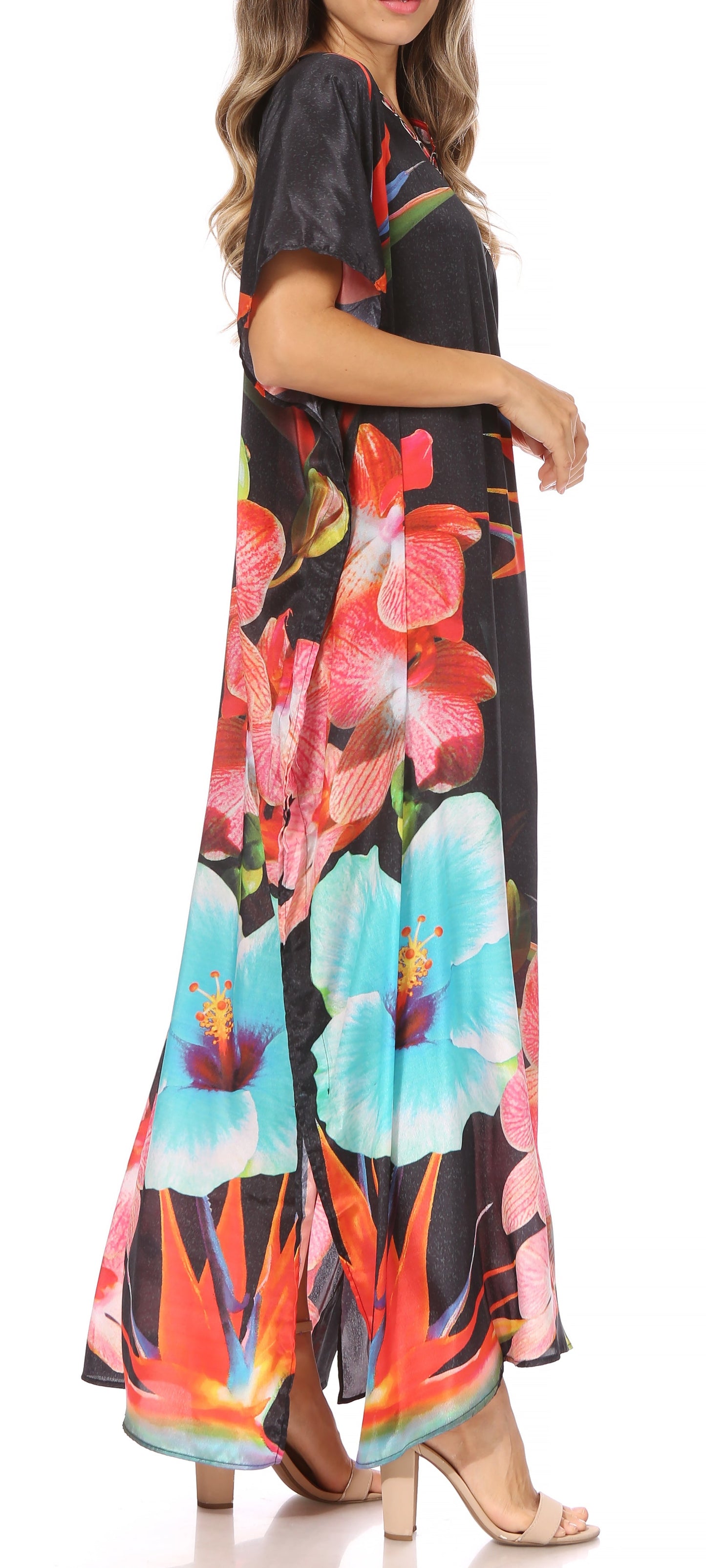 Sakkas Vicky Women's Casual Long Print Short Sleeve Petite Beach Maxi Caftan Dress - Buy One Get One Free
