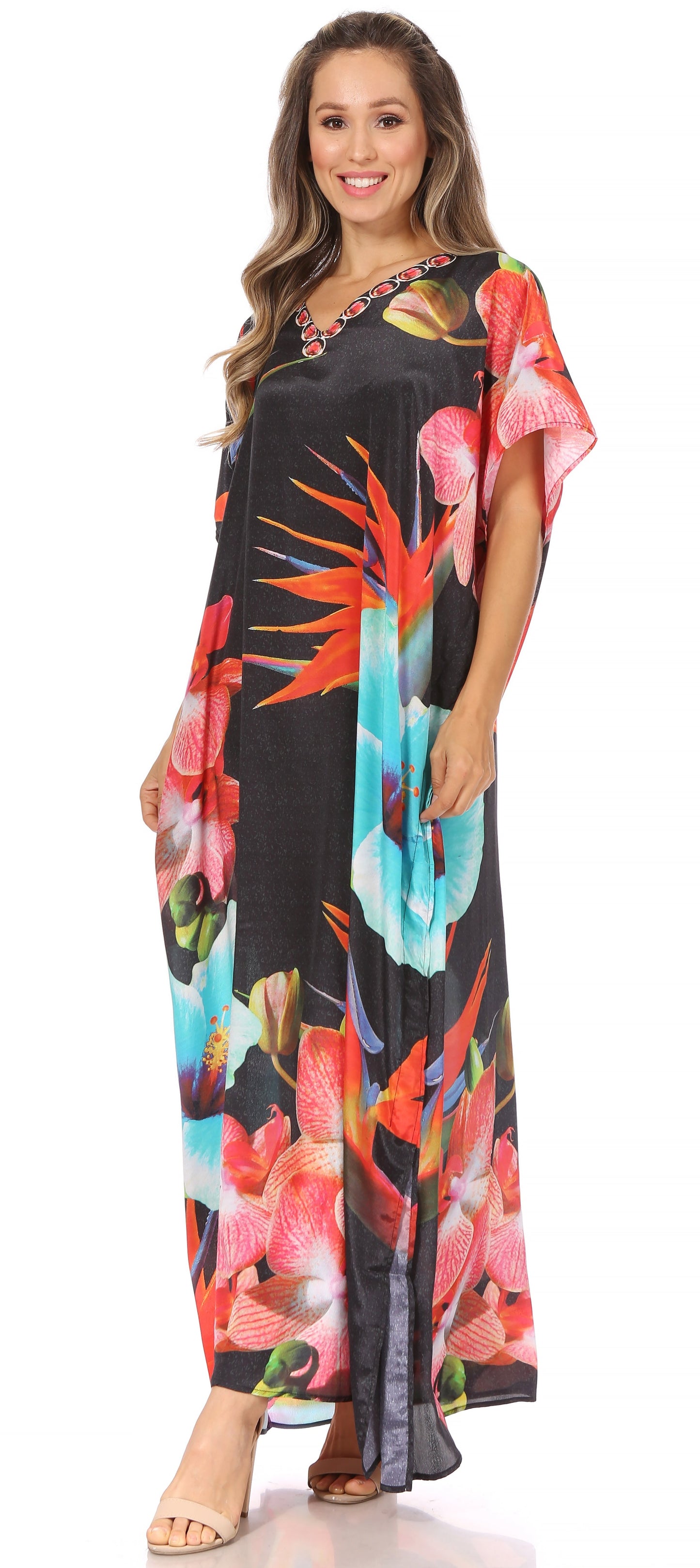 Sakkas Vicky Women's Casual Long Print Short Sleeve Petite Beach Maxi Caftan Dress - Buy One Get One Free