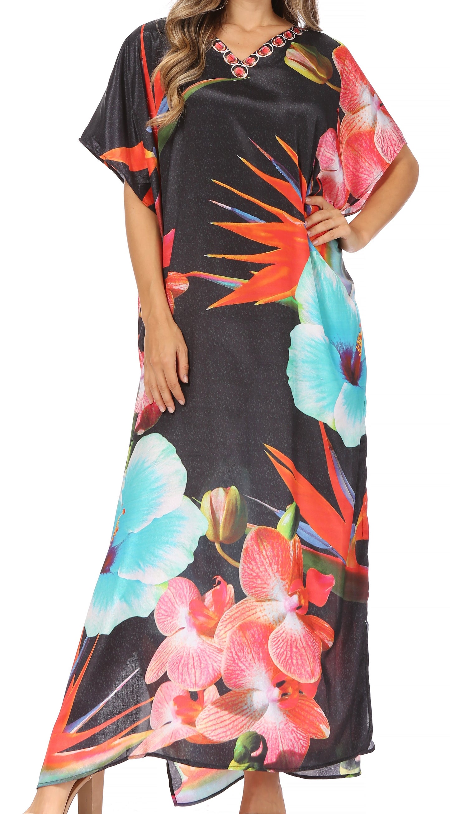 Sakkas Vicky Women's Casual Long Print Short Sleeve Petite Beach Maxi Caftan Dress - Buy One Get One Free