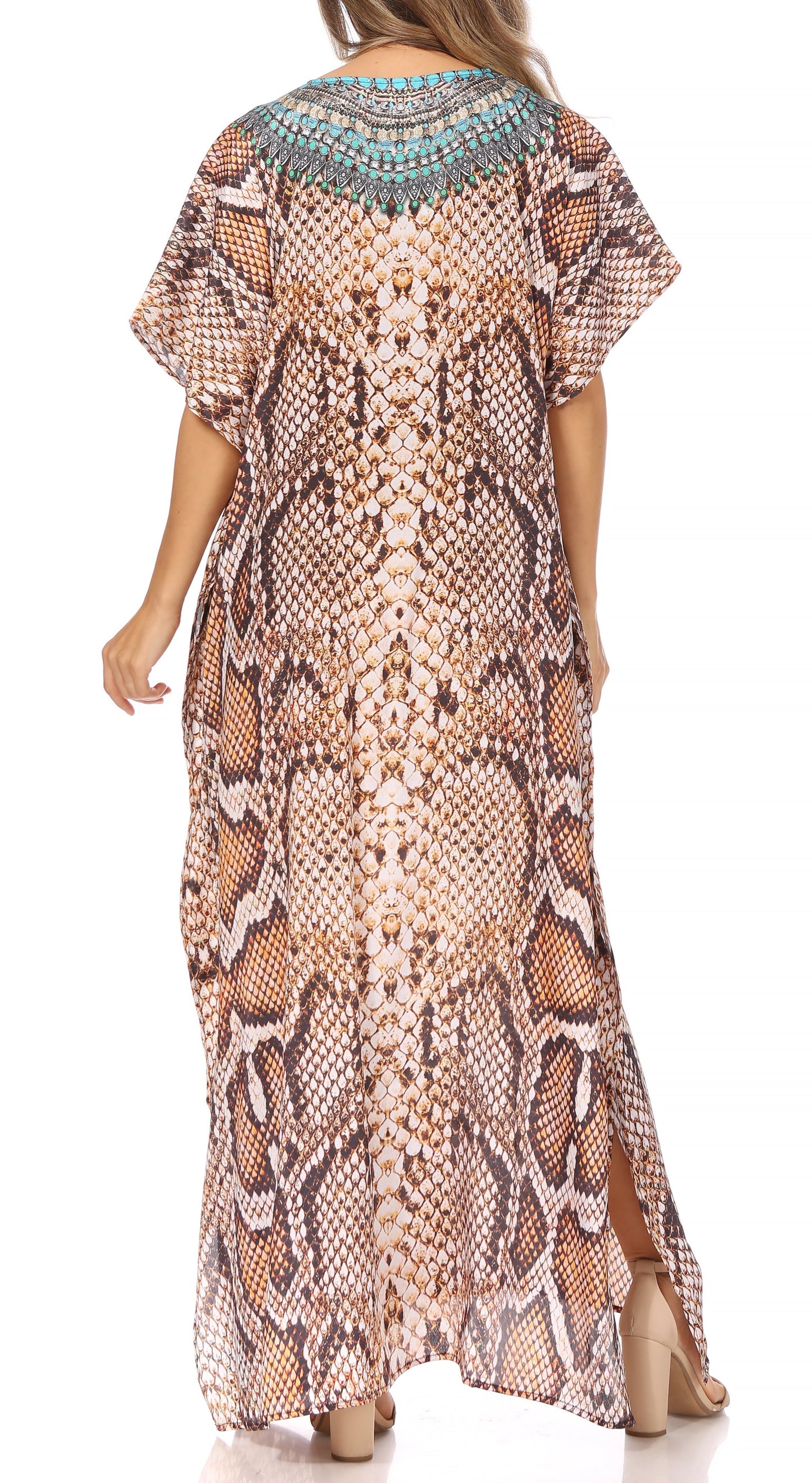 Sakkas Vicky Women's Casual Long Print Short Sleeve Petite Beach Maxi Caftan Dress - Buy One Get One Free