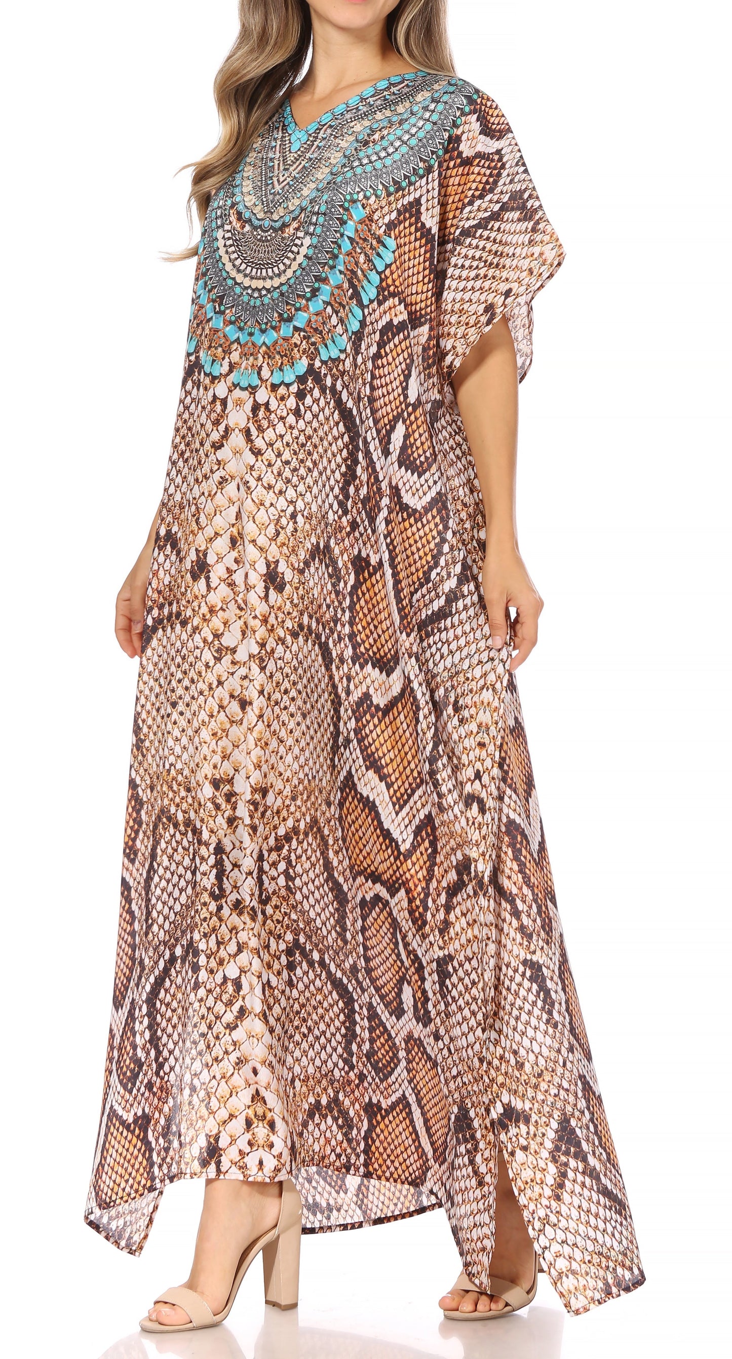 Sakkas Vicky Women's Casual Long Print Short Sleeve Petite Beach Maxi Caftan Dress - Buy One Get One Free