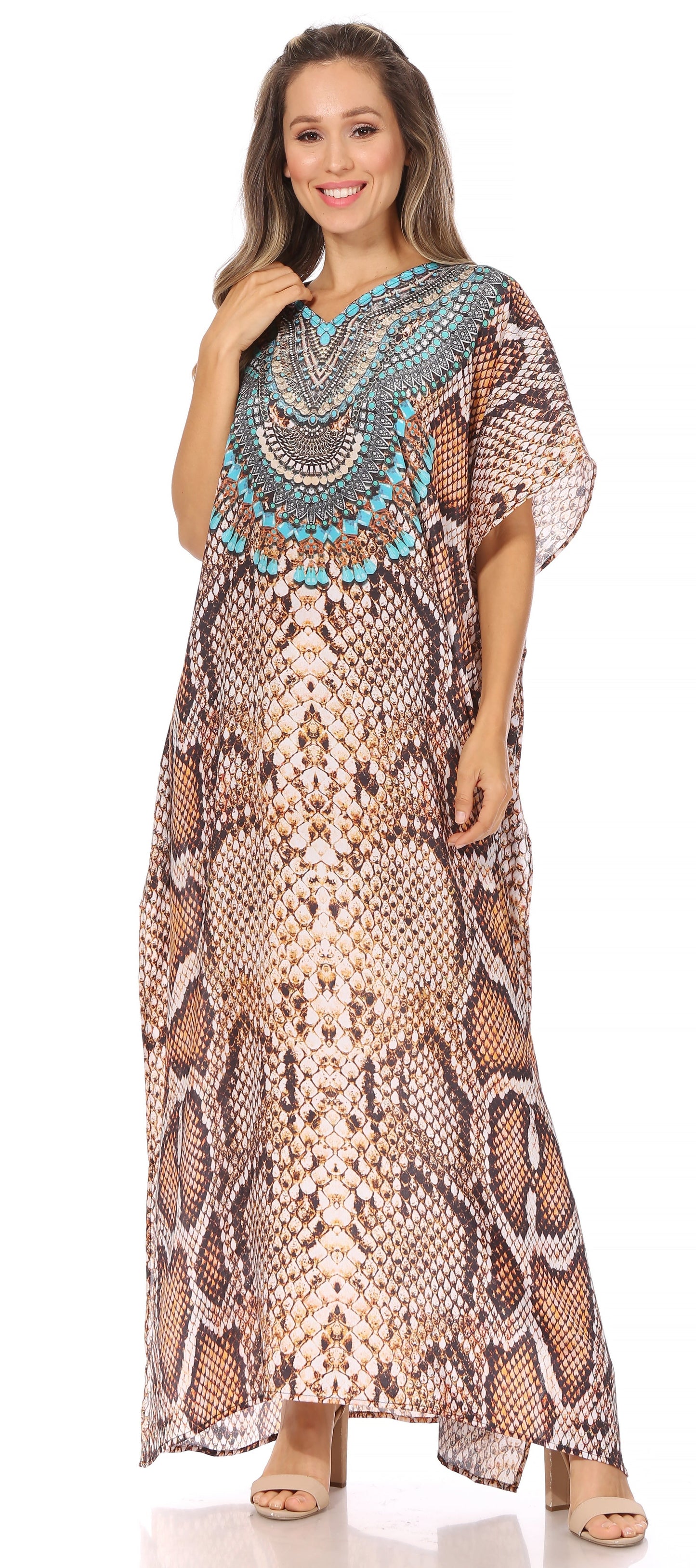 Sakkas Vicky Women's Casual Long Print Short Sleeve Petite Beach Maxi Caftan Dress - Buy One Get One Free