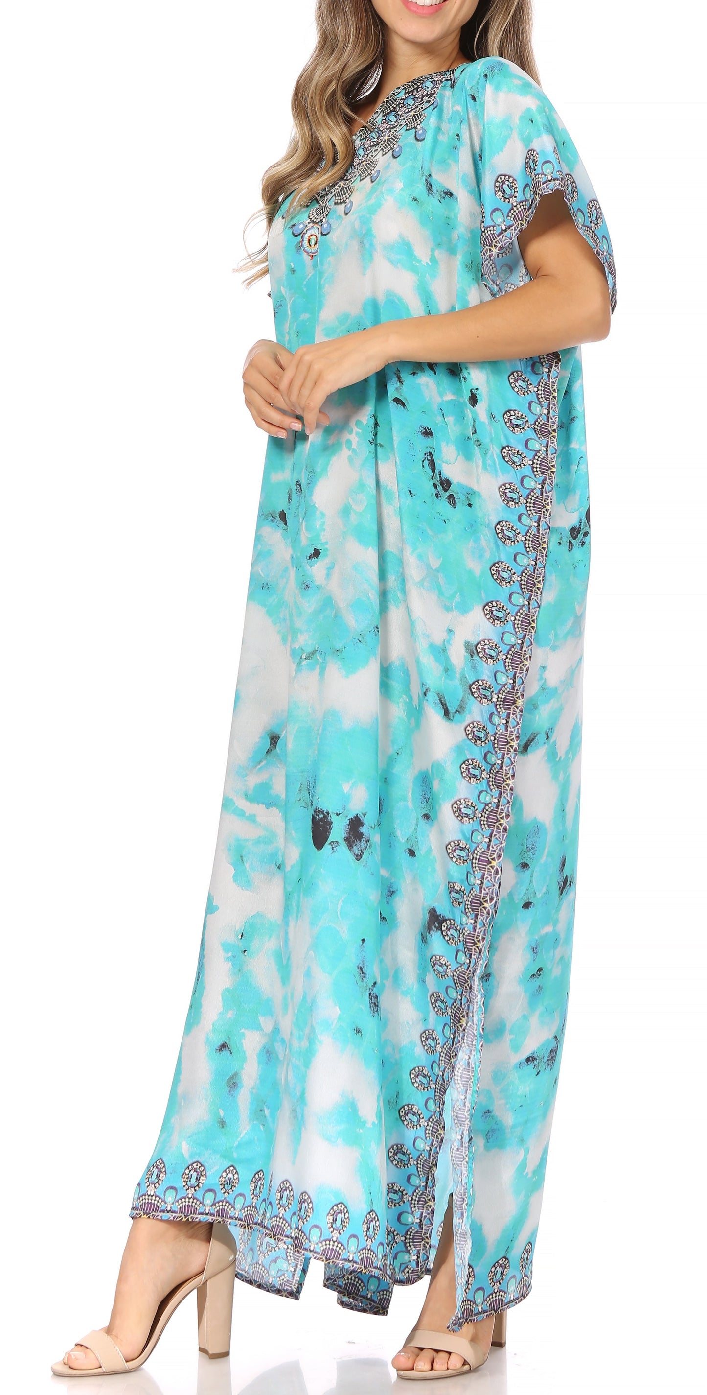 Sakkas Vicky Women's Casual Long Print Short Sleeve Petite Beach Maxi Caftan Dress - Buy One Get One Free
