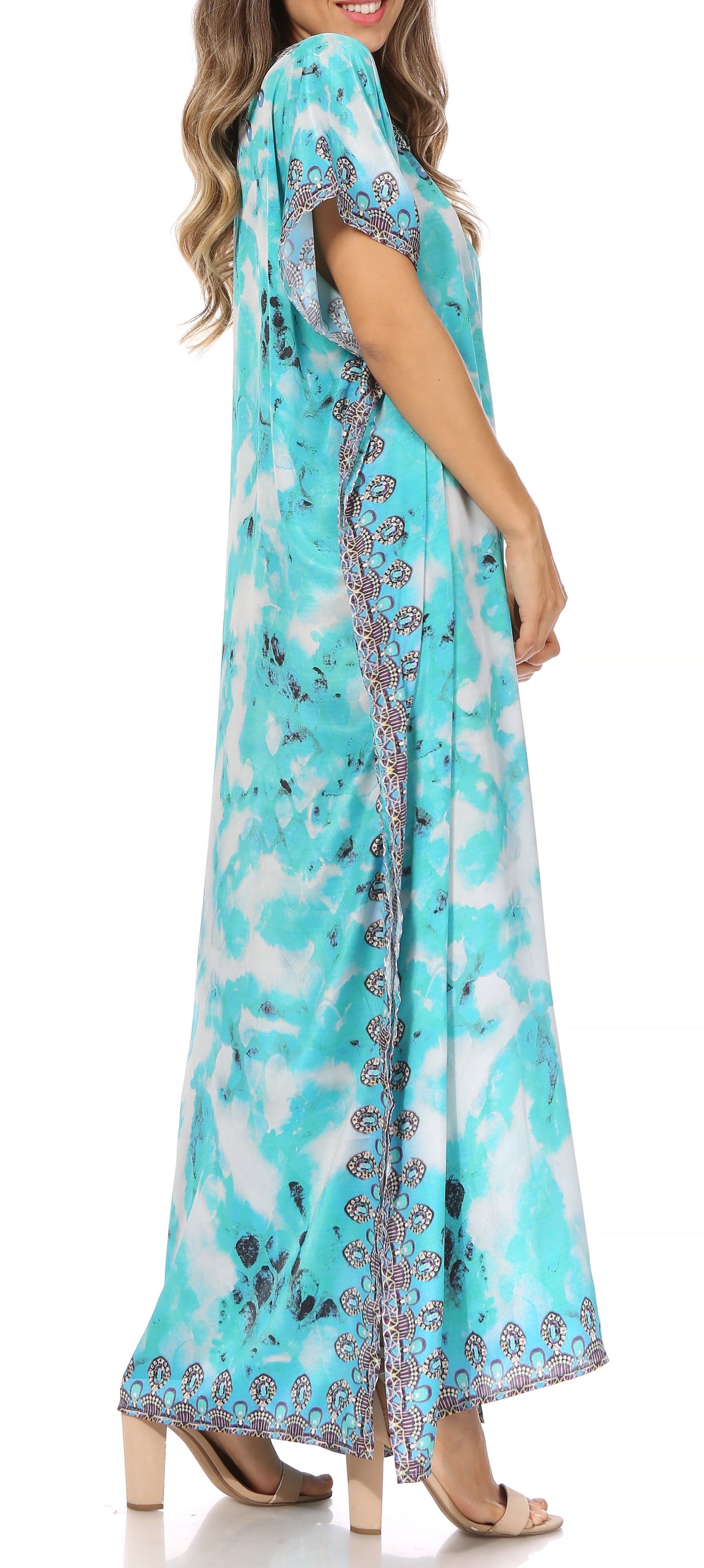 Sakkas Vicky Women's Casual Long Print Short Sleeve Petite Beach Maxi Caftan Dress - Buy One Get One Free