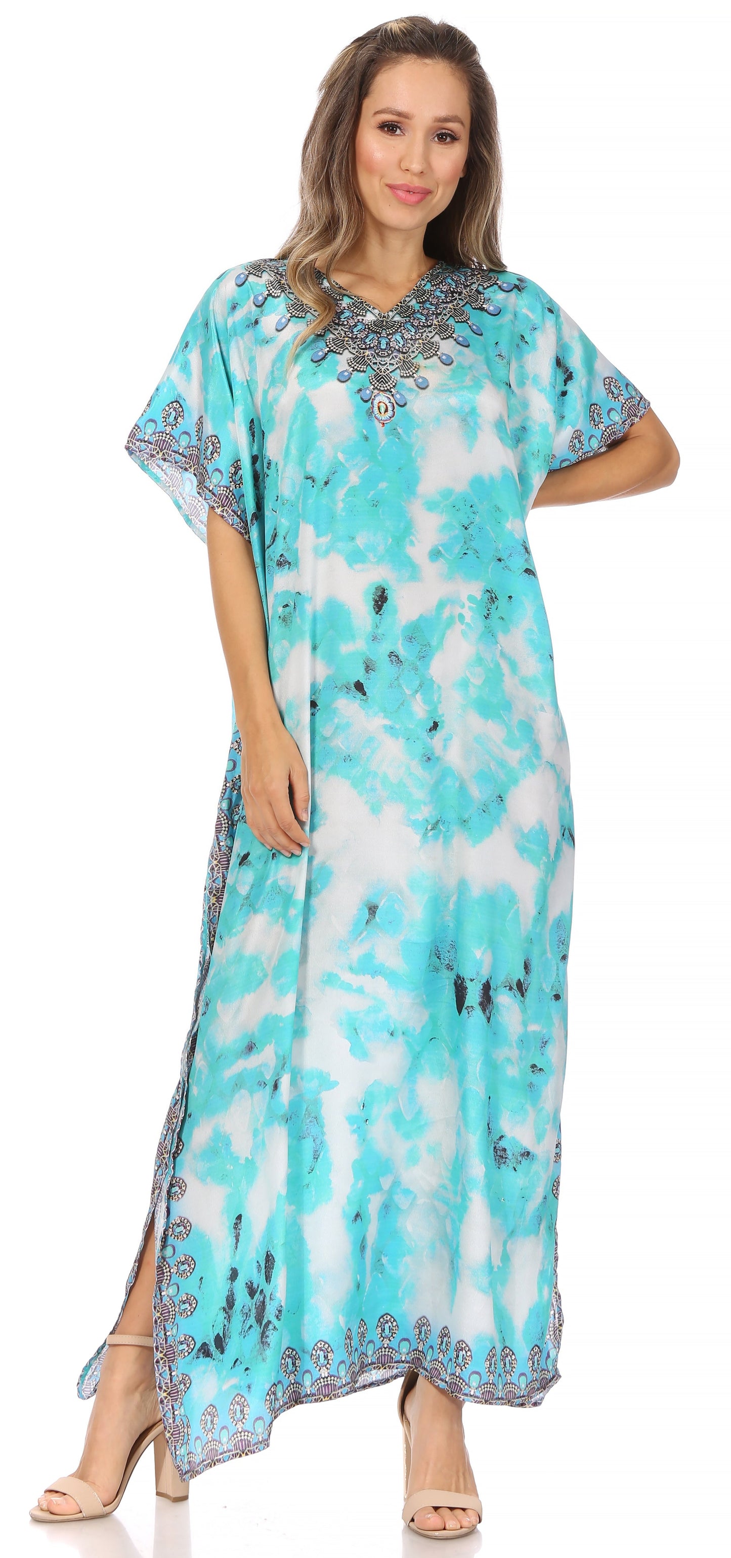 Sakkas Vicky Women's Casual Long Print Short Sleeve Petite Beach Maxi Caftan Dress - Buy One Get One Free