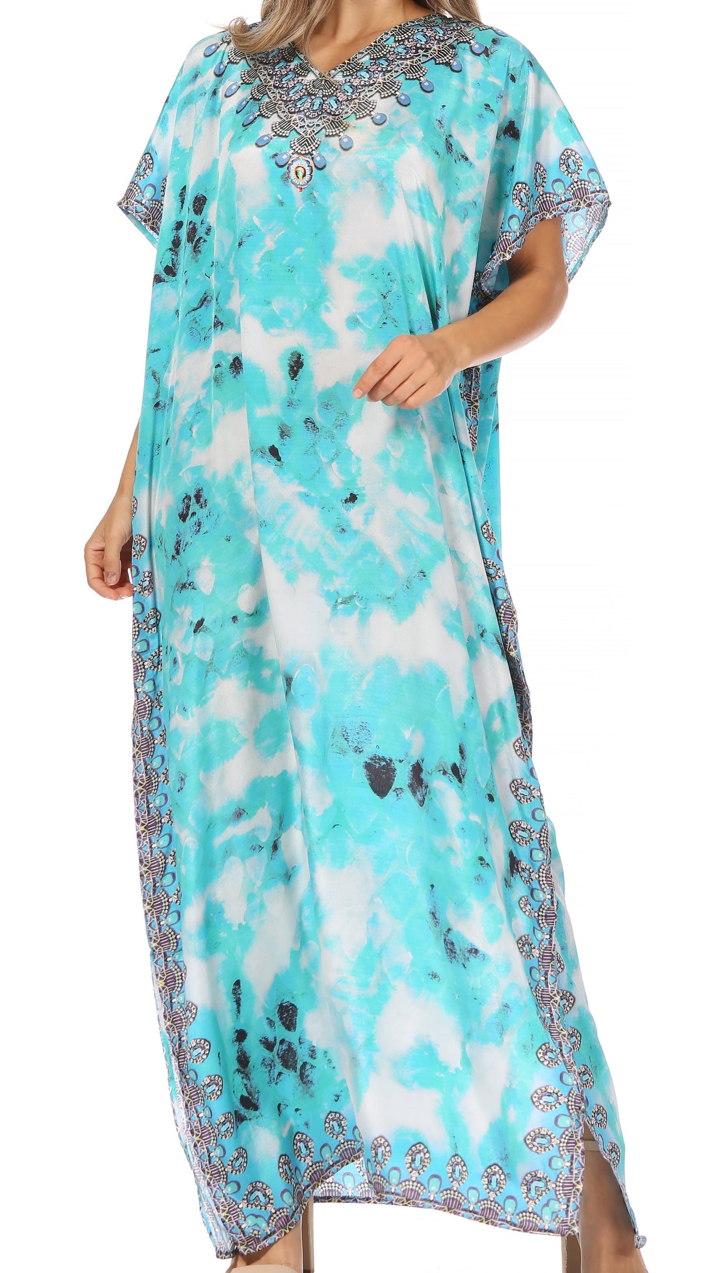 Sakkas Vicky Women's Casual Long Print Short Sleeve Petite Beach Maxi Caftan Dress - Buy One Get One Free