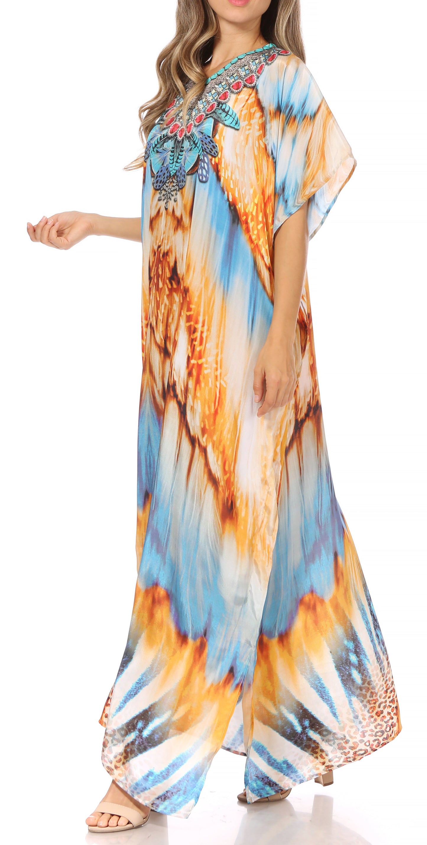 Sakkas Vicky Women's Casual Long Print Short Sleeve Petite Beach Maxi Caftan Dress - Buy One Get One Free