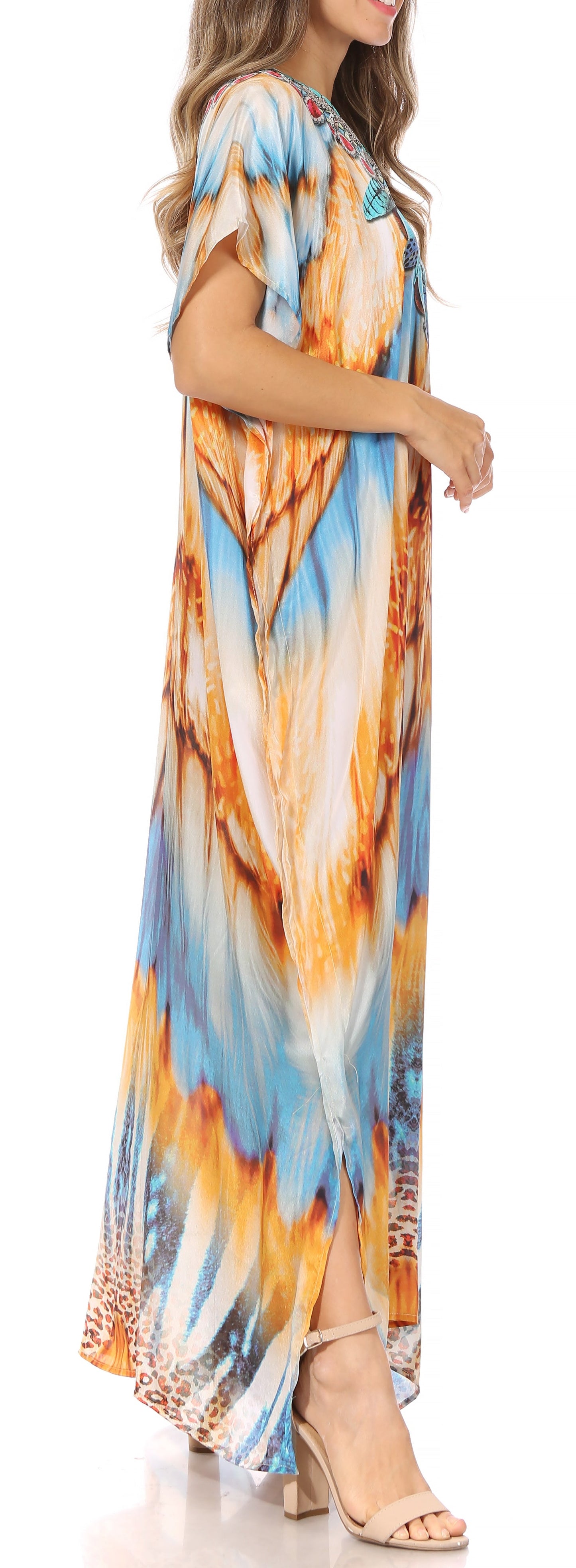 Sakkas Vicky Women's Casual Long Print Short Sleeve Petite Beach Maxi Caftan Dress - Buy One Get One Free