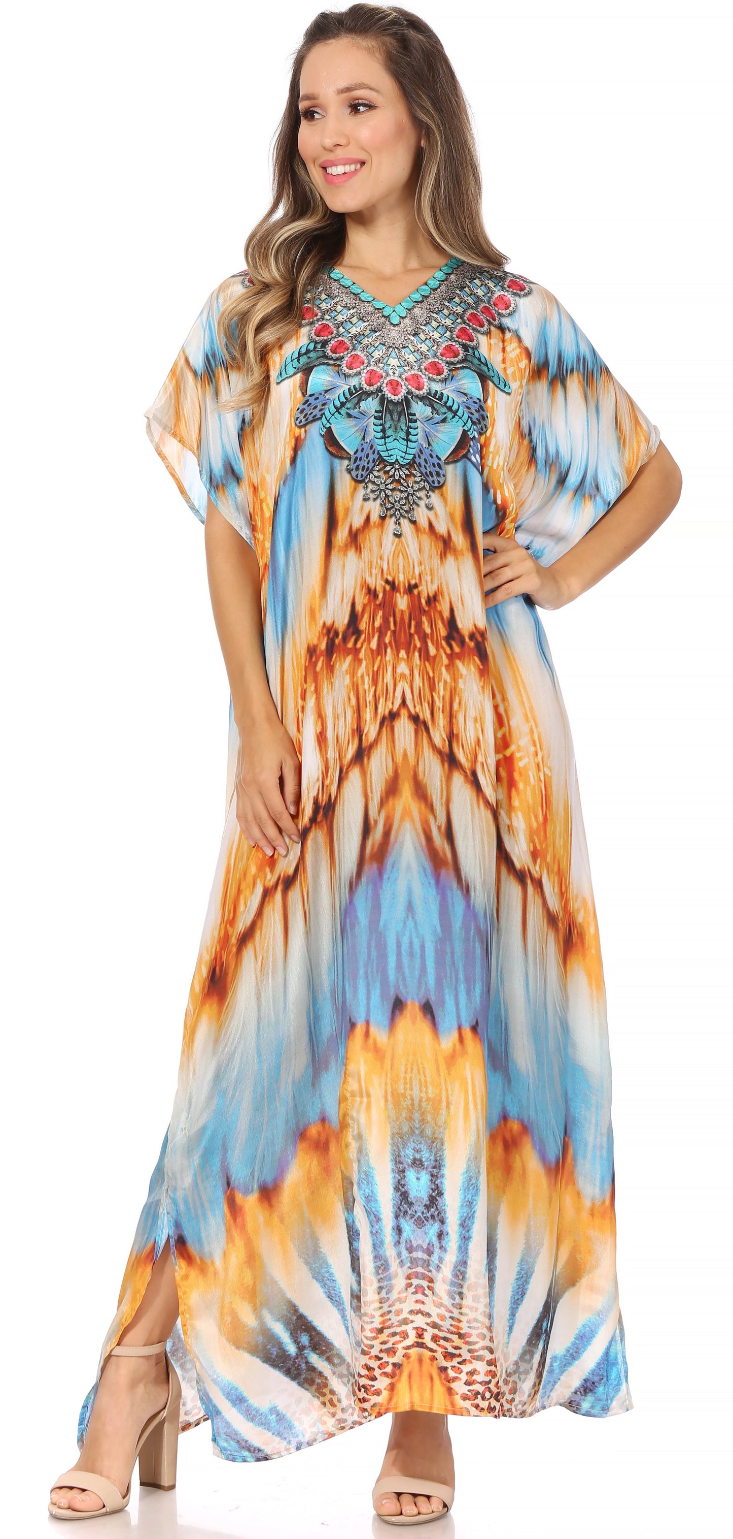 Sakkas Vicky Women's Casual Long Print Short Sleeve Petite Beach Maxi Caftan Dress - Buy One Get One Free