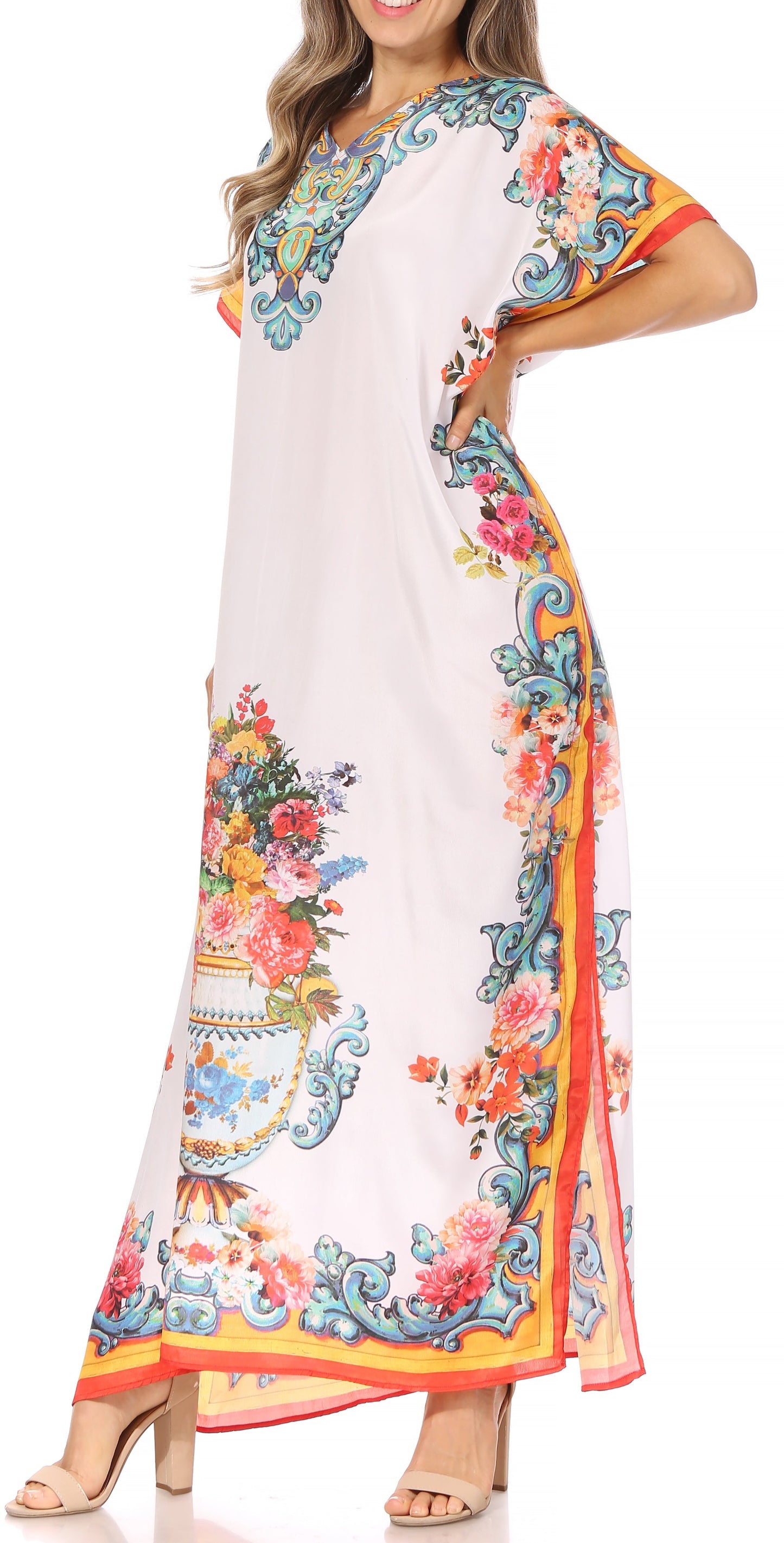 Sakkas Vicky Women's Casual Long Print Short Sleeve Petite Beach Maxi Caftan Dress - Buy One Get One Free